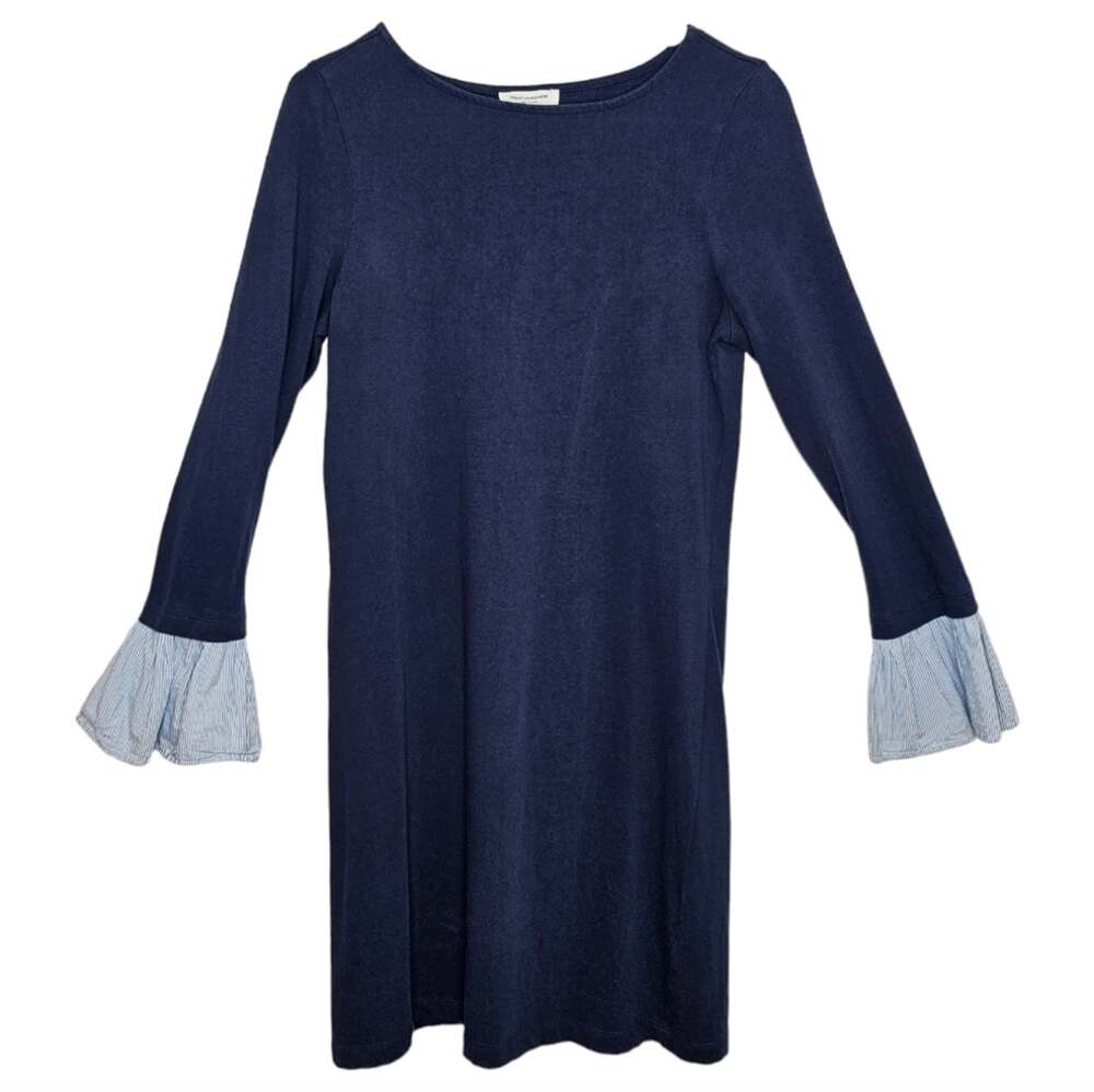 BeachLunchLounge Womens Blue Long Sleeve Stretch Dress Striped Bell Sleeve XS